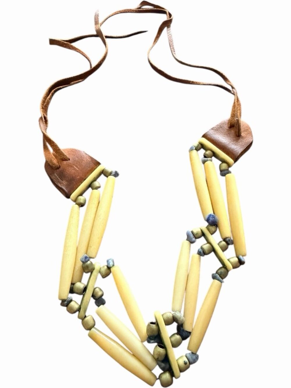Vintage Buffalo Bone & Turquoise Leather Tie Choker 30”